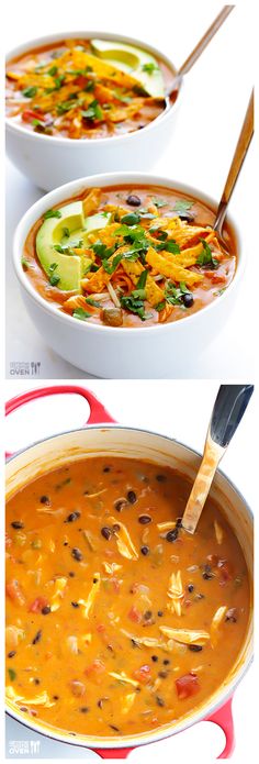 two pictures showing different types of soup in bowls