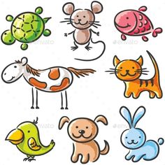 various cartoon animals and birds on a white background