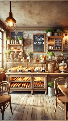 a bakery filled with lots of bread and pastries next to a table full of chairs