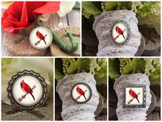 four different pictures of red birds on white glass cabochons with flowers in the background