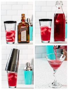 four different shots are being poured into a martini glass and then filled with red liquid