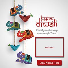 happy diwali greeting card with colorful elephants and birds hanging from strings on white background