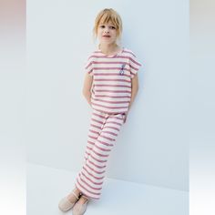 Brand New With Tags Cute Striped Cotton Sets, Cute Cotton Pants For Playwear, Pink Cotton Playwear Pants, Pink Cotton Pants For Playwear, Pink Summer Playwear Pants, Zara Casual Long Pants Sets, Cute White Pants For Playwear, Cute Summer Playwear Pants, Casual White Pants For Playwear