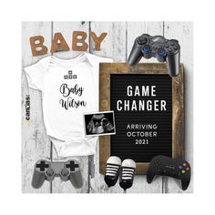 an image of baby announcement with game changer and video game controller on the wall