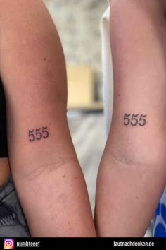 two people with tattoos on their arms that say 555 and 535, both have numbers