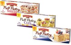 three boxes of puff pastry cups are shown