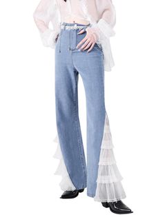 ❤︎ Lace Fairy Cool Flare Denim Pants ❤︎ 





















 Unit (CM) 

 Length 

 waist 

 hip 






 S. 

 110 

 66 

 92 






 M. 

 112 




 70 

 96 






 L. 

 114 

 74 

 100 













 This is a pre-order item and will take 3-4 weeks to ship. Pearl Bag, Jeans Material, Denim Flares, Denim Trousers, Quilted Bag, Denim Pant, Denim Blue, Denim Pants, Bell Bottom Jeans