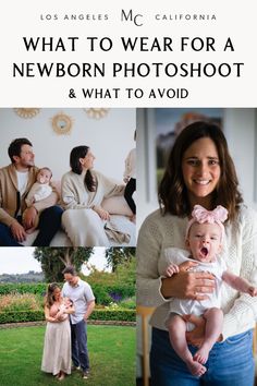 a woman holding a baby in her arms with the words what to wear for a newborn photoshoot and what to avoid