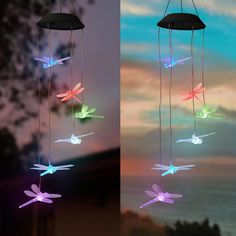 three different types of lights that are hanging in the air with dragonflies on them