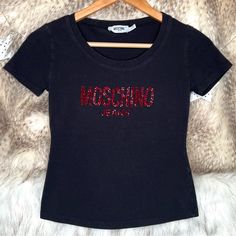 Moschino Paris Rhinestone Bedazzled Short Sleeve T-Shirt. Size 6. Has Some Missing Crystals But Other Than That It Is In Great Condition. Rhinestone Clothes, Rhinestone Outfit, Rhinestone Shirt, Rhinestone Projects, Rhinestone Shirts, Moschino, Black Red, Colorful Shirts, Black And Red