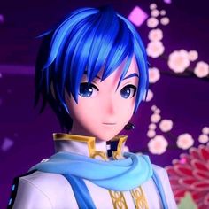 an anime character with blue hair and wearing a scarf in front of some pink flowers