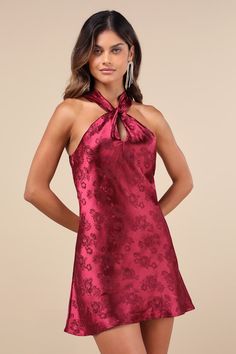 A perfect night requires a perfect dress, so dress for the evening in the Lulus Got the Key Burgundy Satin Floral Jacquard Halter Mini Dress! Lightweight satin, with a romantic floral jacquard throughout, shapes a halter neckline that supports a bodice with a keyhole detail, atop an A-line skirt that ends at a mini hem. Fit: This garment fits true to size. Length: Mid-thigh. Size medium measures 28.63" from top to bottom. Bust: Works best for A to C cup sizes - consider sizing up for fuller bust Maroon Dress Short, Burgundy Silk Mini Dress, Short Red Dress Formal, Burgundy Hoco Dresses, Simple Formal Dress, Winter Cocktail Dress, Burgundy Knee-length Cocktail Mini Dress, Fall Cocktail Dress, Mini Dress Satin