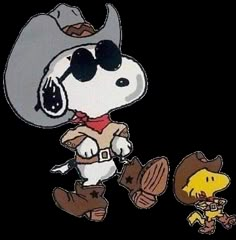 an image of a cartoon character with a cowboy hat and sunglasses on walking next to another character