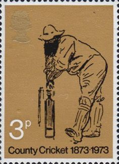 a stamp with a drawing of a cricket player hitting a ball on the ground and number 3