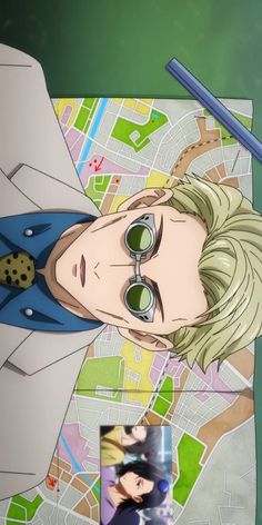 an anime character with blonde hair wearing a blue shirt and tie, standing in front of a map