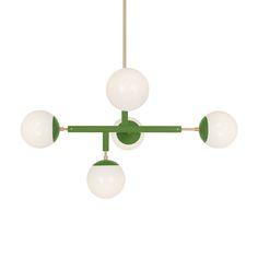 three green and white lights hanging from a ceiling fixture with four balls on each end