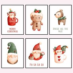 four christmas cards with santa claus, reindeer, and other holiday related items on them