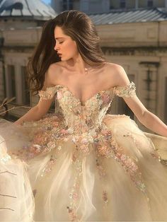 Gorgeous Off Shoulder Long Champagne Lace Floral Prom Dresses, Off Shoulder Champagne Formal Dresses, Floral Evening Dresses Fairy Ball Gown, Champagne Formal Dresses, Ball Gown Princess, Prom Dresses Off The Shoulder, Floral Evening Dresses, Dresses Off The Shoulder, 15 Dresses Quinceanera, Gown Princess, Princess Prom Dresses