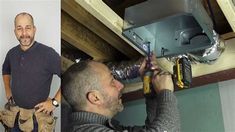 two men are working on an air conditioner and one is fixing the ceiling fixture