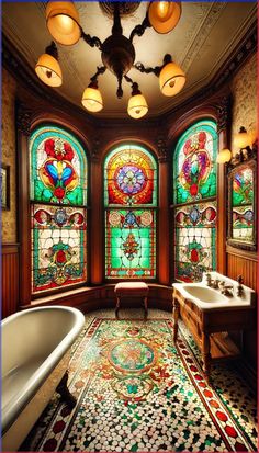 an ornate bathroom with stained glass windows and a bathtub in the center, along with a rug on the floor