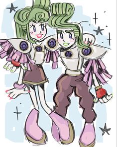 two cartoon girls with green hair and pink boots