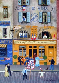 a painting of people walking down the street in front of a building with blue shutters