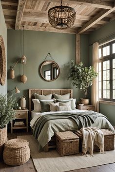 a bedroom with green walls and wooden beams, wicker basket baskets on the floor