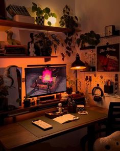 a computer desk topped with a monitor and keyboard