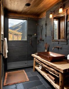 a bathroom with a wooden sink and large mirror