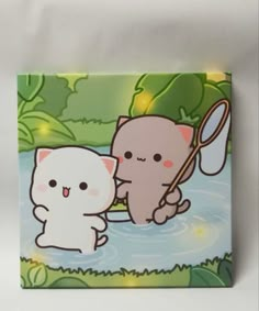 two cats are playing in the water with a magnifying glass on a green background