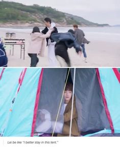 two pictures with people in tents on the beach and one has a man standing outside