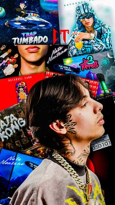 a man with tattoos on his face and neck standing in front of many stickers