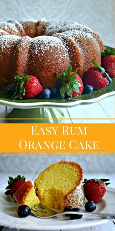 an orange cake with powdered sugar and fresh berries on the side, is shown