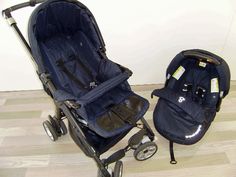 a stroller and infant car seat sitting next to each other