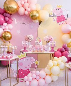 a pink and gold birthday party with pep the pig decorations, balloons, and desserts