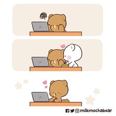 two cartoon bears sitting at a desk with laptops in front of them, one is kissing the other