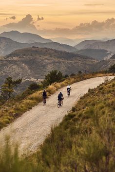 three bicyclists ride down a dirt road in the mountains at sunset,