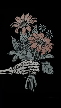 a bouquet of flowers in a skeleton hand on a black background with the word love written below it