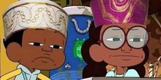 two cartoon characters one with glasses and the other wearing a headdress, are staring at each other