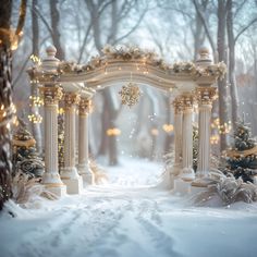 an archway decorated with christmas decorations and lights in the middle of a snow covered forest