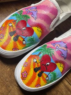 Hand painted- Un Veranó Sin Ti- Bad Bunny Vans Custom Vans- Orders will begin after payment.  Please message any details you would like to add! Vans Custom, Custom Vans, Bad Bunny, Slip Ons, Shoes Flats, Bathing Beauties, Electronic Accessories, Hand Painted, Purses And Bags