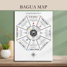 the bagua map is displayed on a table next to a vase with flowers in it