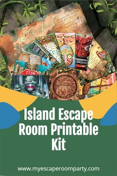 the island escape room printable kit is shown in green and yellow with text that reads,