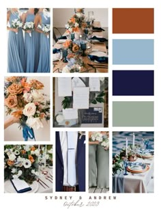 the color scheme is blue, orange and grey with white flowers on it's centerpieces