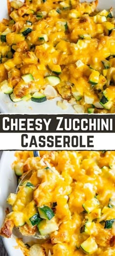 cheesy zucchini casserole in a white baking dish