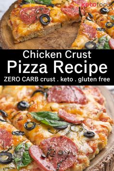 A slice missing from a whole pizza. Below is a whole pizza topped with pepperoni, basil and olives. Gluten Free Pizza Recipes, Vsg Recipes, Chicken Crust, Low Carb Pizza Recipes, Keto Paleo Diet, Chicken Crust Pizza, Wls Recipes, Desayuno Keto, Bariatric Friendly Recipes