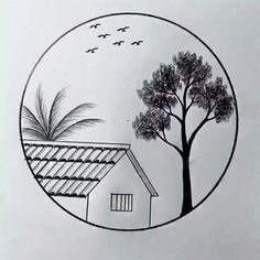 a drawing of a house and tree in a circle