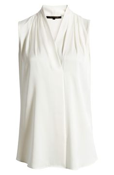 Soft ruching at the stand collar and shoulders releases elegant drape to the surplice front of a versatile shell sewn from stretch-woven silk. 27" length (size Medium) V-neck Sleeveless Sheer 91% silk, 9% elastane Dry clean By Kobi Halperin; imported Individualist Kobi Halperin, Ivory Dress, Elegant Drapes, Blouse Nordstrom, Ivory Dresses, Dress Sleeveless, Sleeveless Blouse, Silk Blouse, Stand Collar