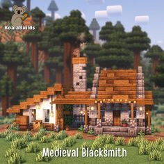 an image of a small house in the middle of some trees and bushes with text that reads medieval blacksmith