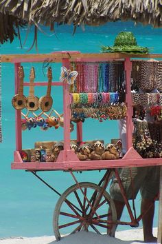 a man standing next to a pink cart filled with bracelets and necklaces on the beach